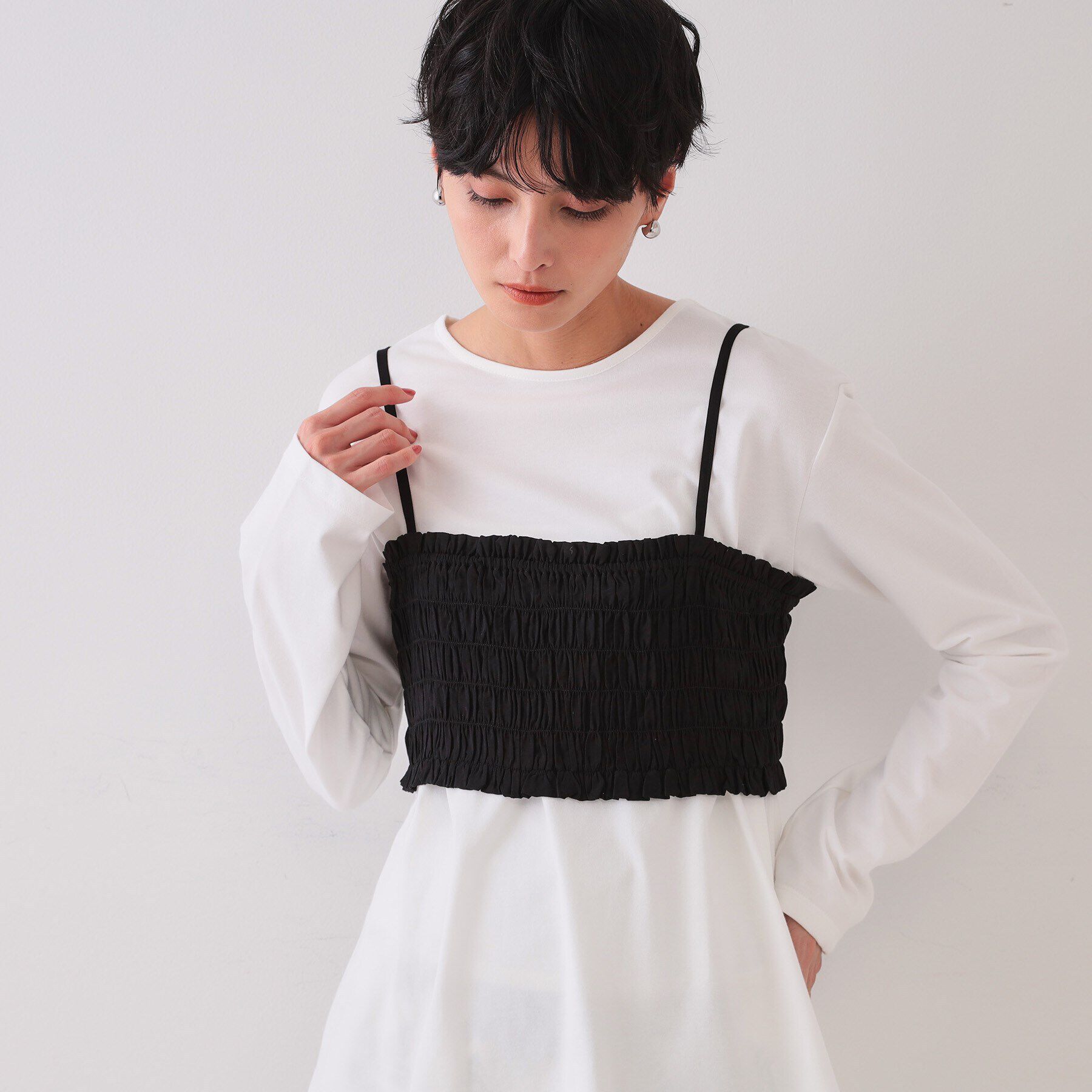 OPAQUE.CLIP「《ツインセット》シャーリングビスチェ&times;ロングTシャツ【洗濯機洗い可】」|その他|ブラック(519)