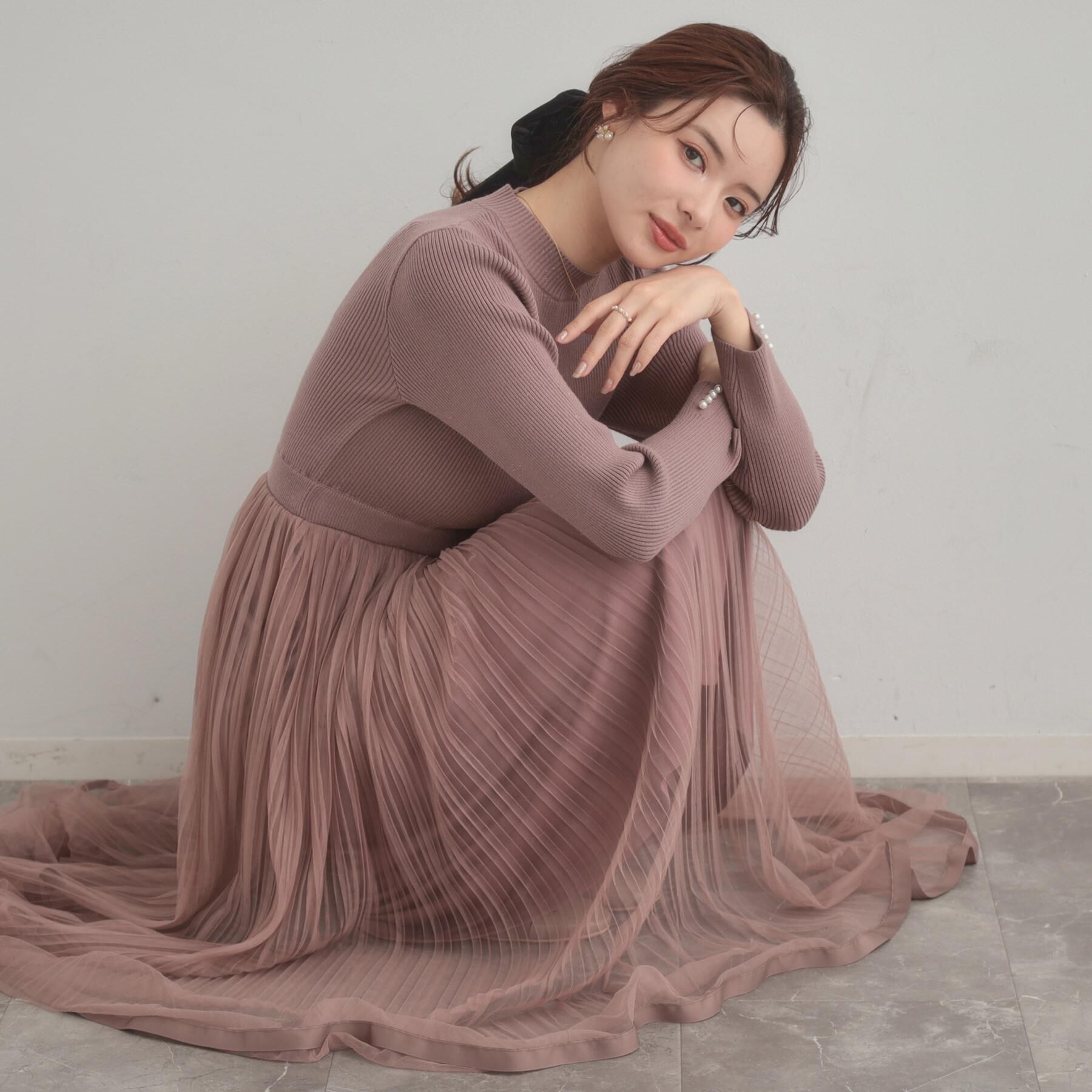 Couture broach「【S-LL/キラキラリブニット】チュールドッキング ワンピース」|ワンピース|ピンクベージュ(05