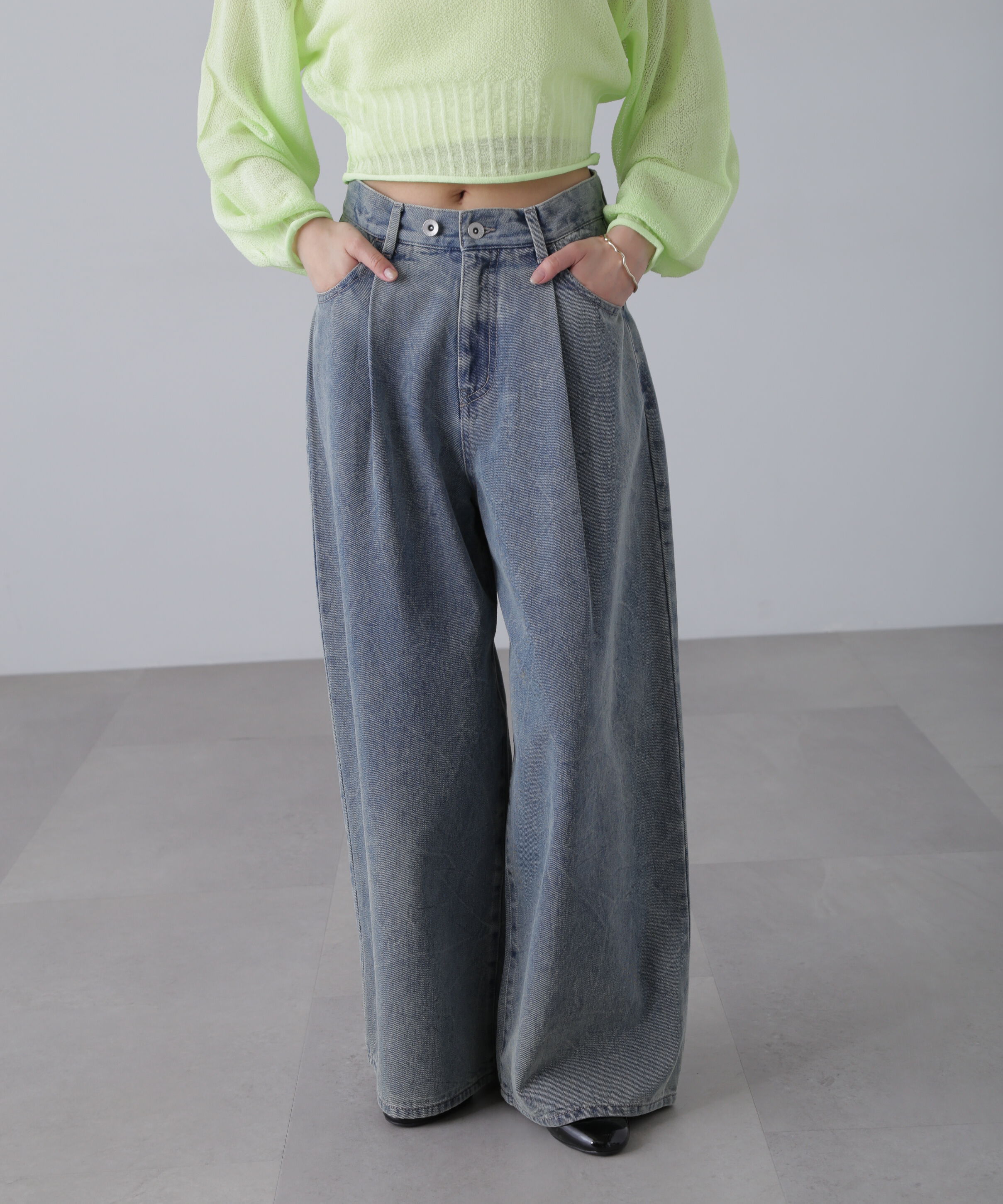  「クリンクル加工タックワイドデニムパンツ」|その他|