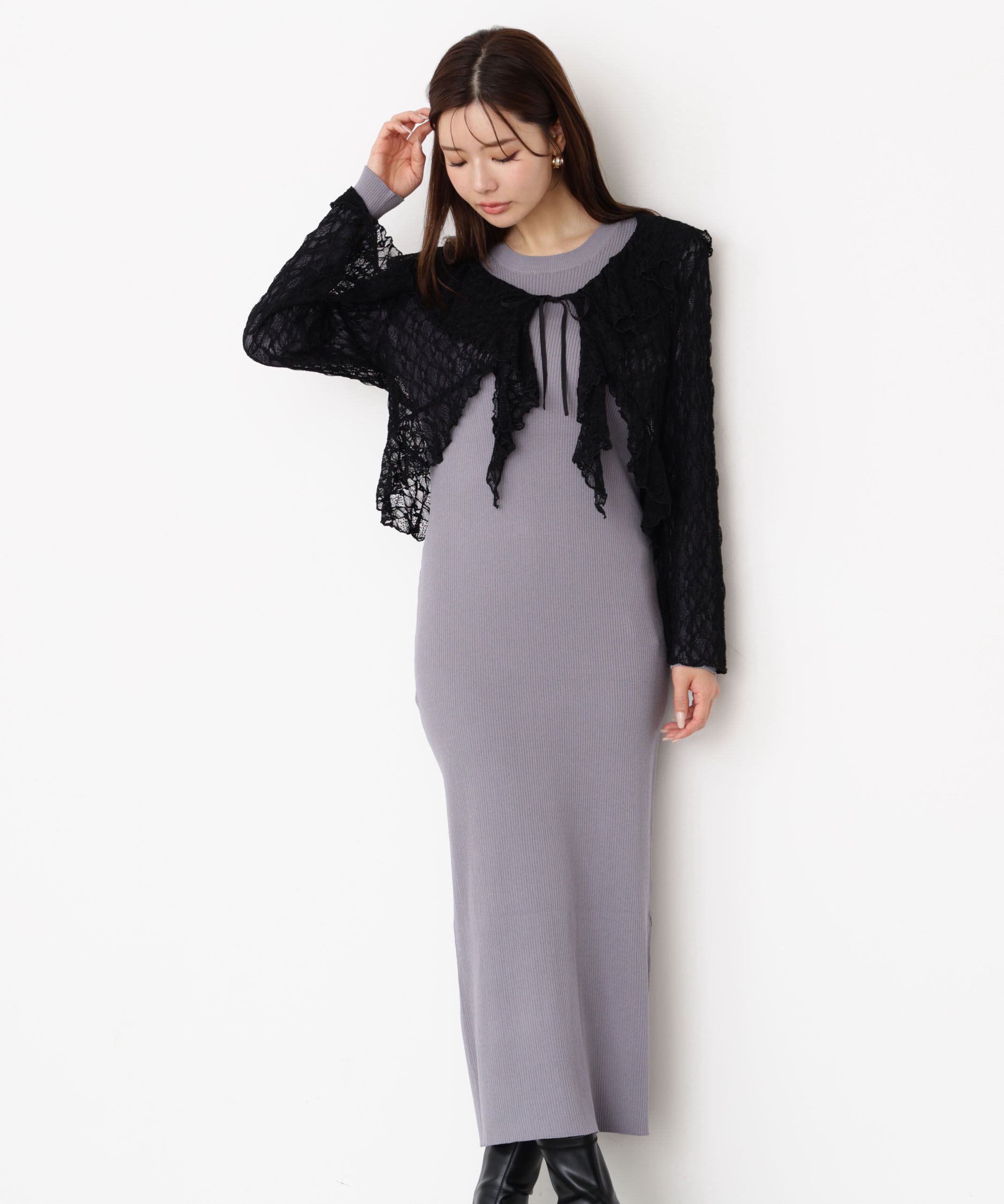 PROPORTION BODY DRESSING「フリルレースセットニットワンピース 25AW」|ワンピース|