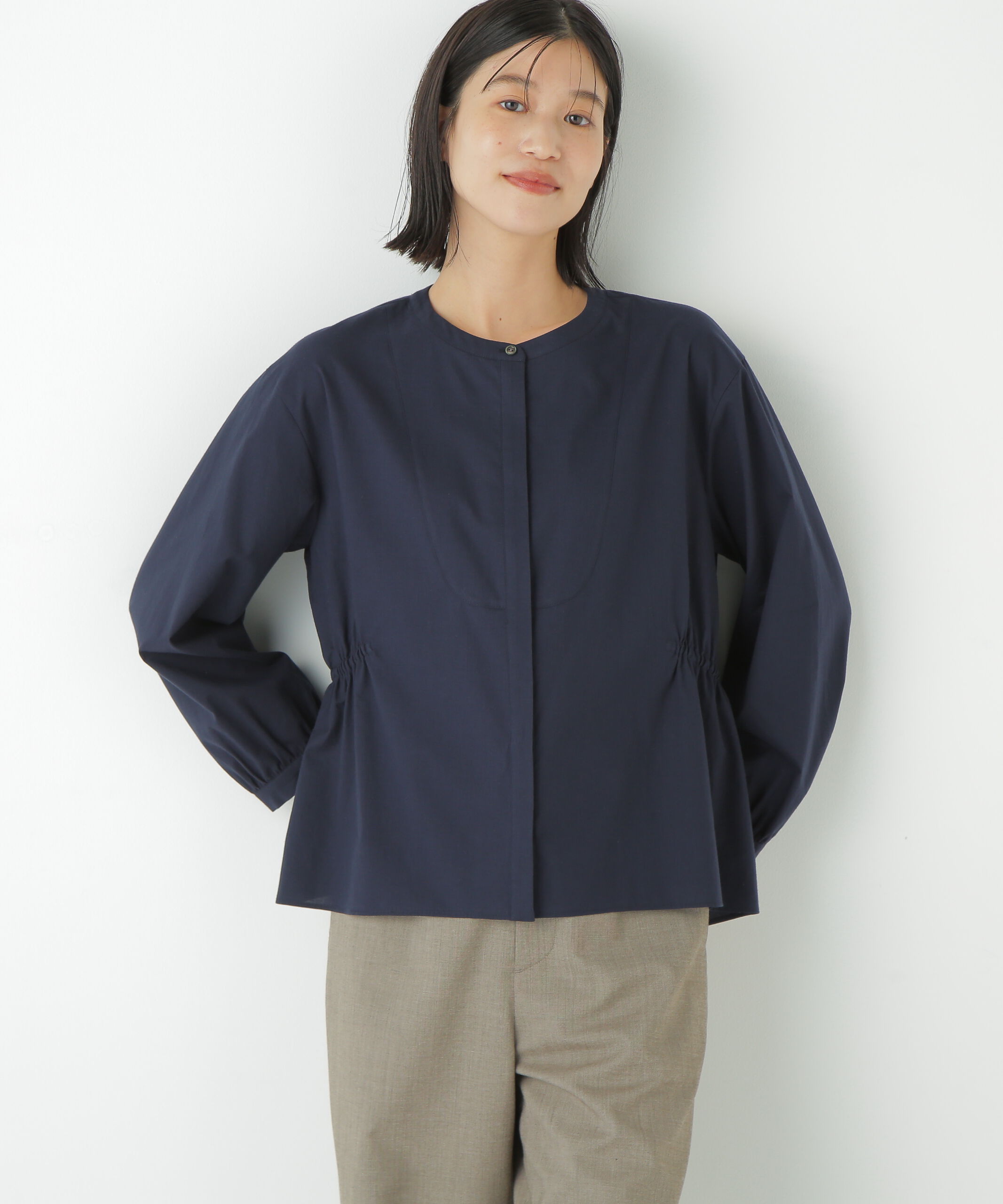  「◆チューインローンブラウジングノーカラーシャツブラウス」|シャツ・ブラウス|ネイビー
