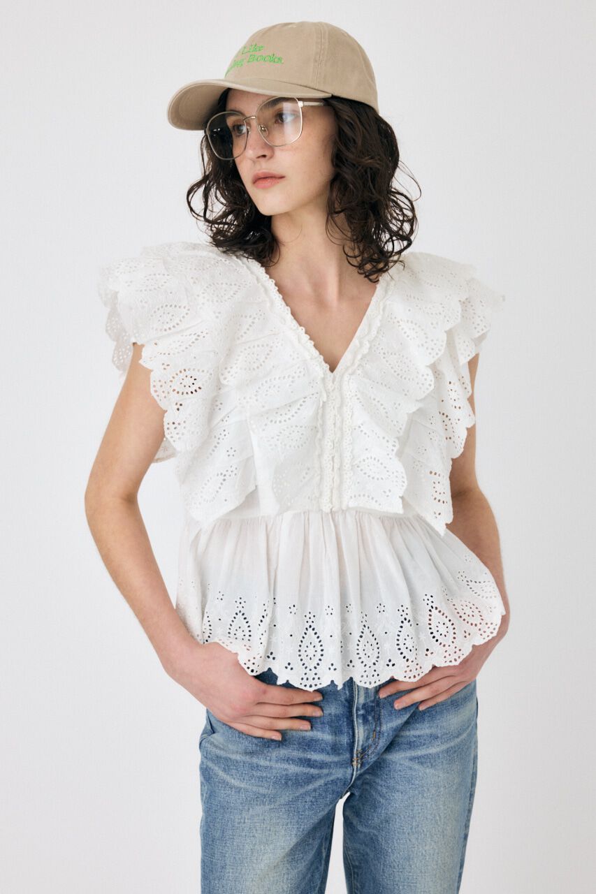 MOUSSY「EYELET CAPSLEEVE ブラウス」|シャツ・ブラウス|O/WHT1