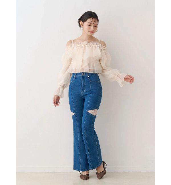 MERCURYDUO「レーストリミングカットアウトデニムパンツ」|デニム|