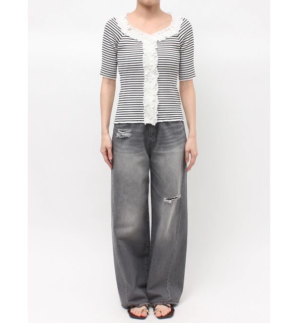 LAGUNAMOON「リブフリルハーフスリーブカーデニットプルオーバー」|カーディガン|