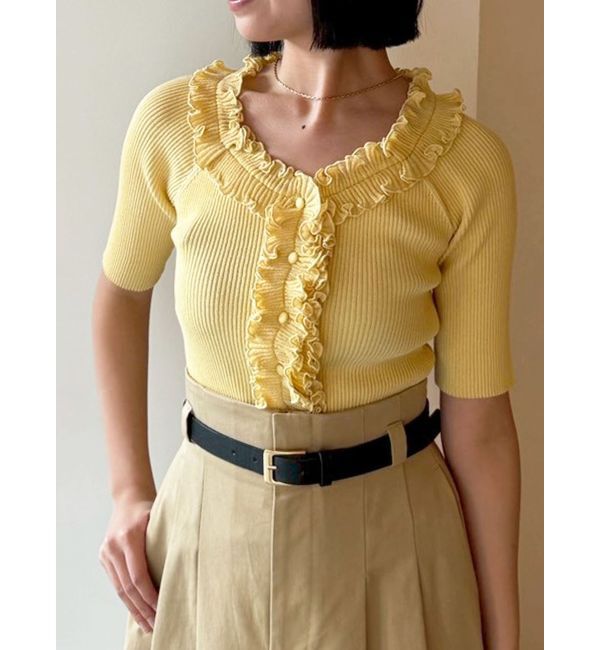LAGUNAMOON「リブフリルハーフスリーブカーデニットプルオーバー」|カーディガン|イエロー