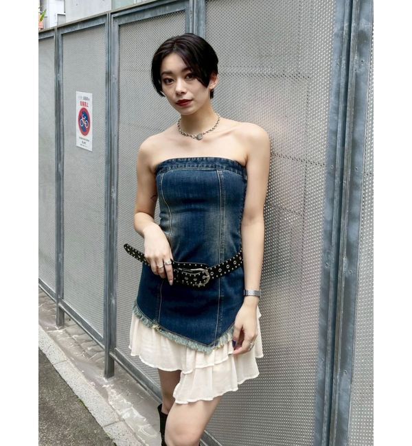 EVRIS「フリルドッキングデニムベアミニワンピース」|ワンピース|