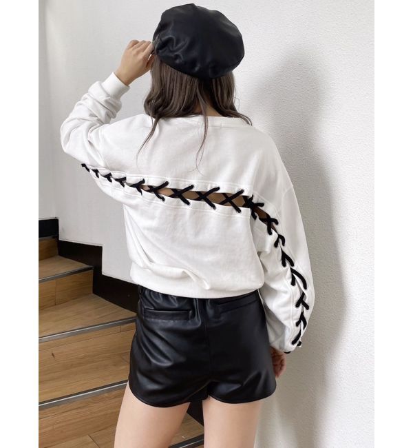 GYDA「BACKレースアップショートロゴスウェットトップス」|スウェット・ジャージ|