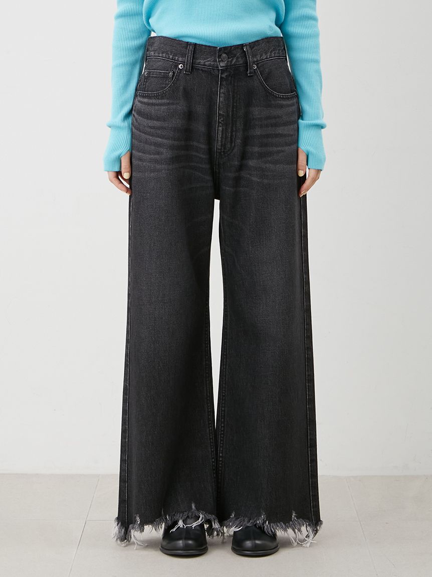 Mila Owen「裾フリンジクロップドフレアデニムパンツ」|デニム|