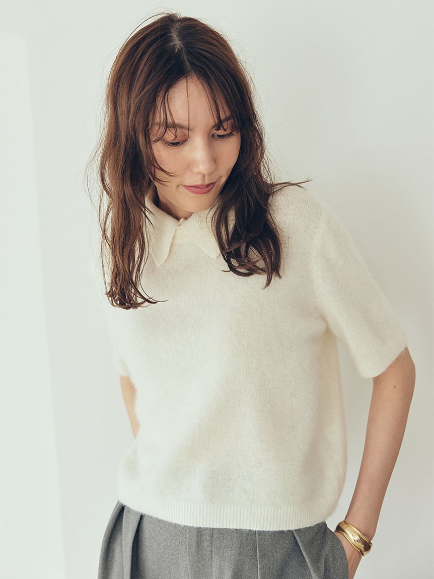 Mila Owen「ポロ衿クロップド丈モヘアニットトップス」|ニット・セーター|WHT