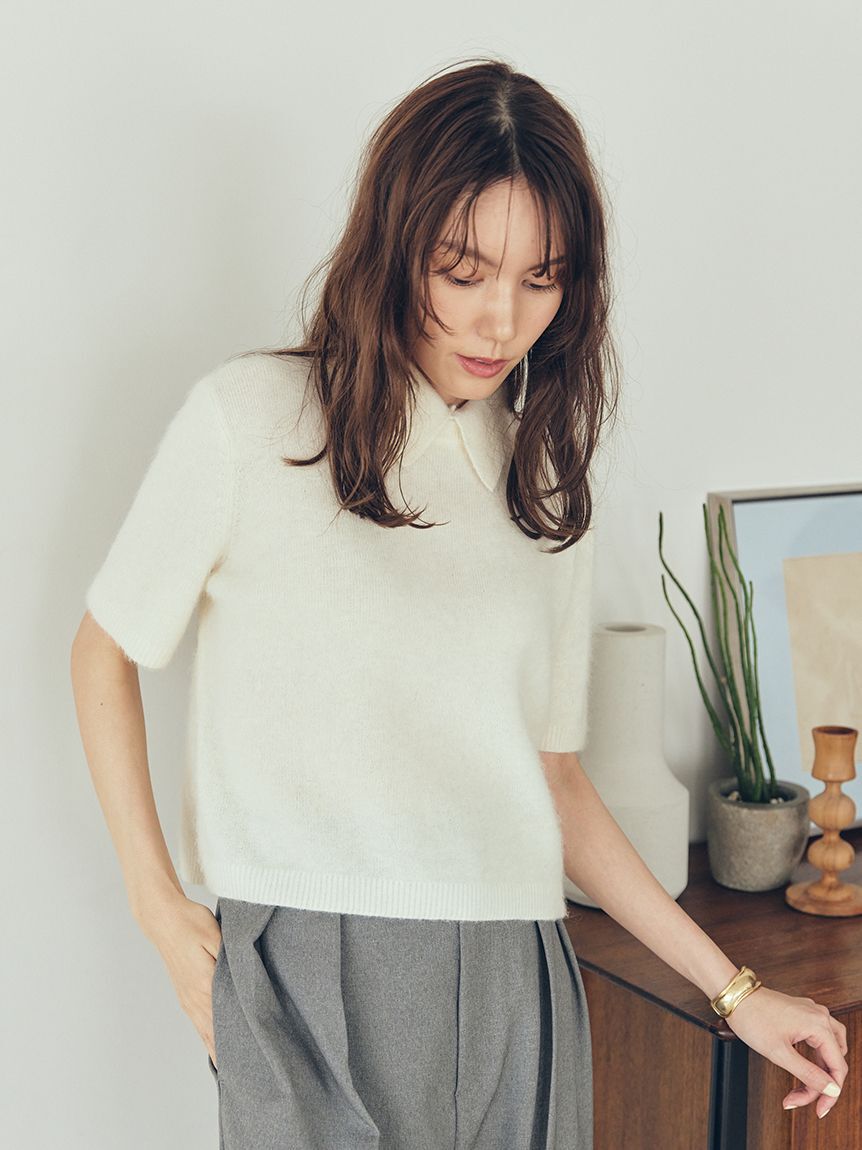 Mila Owen「ポロ衿クロップド丈モヘアニットトップス」|ニット・セーター|