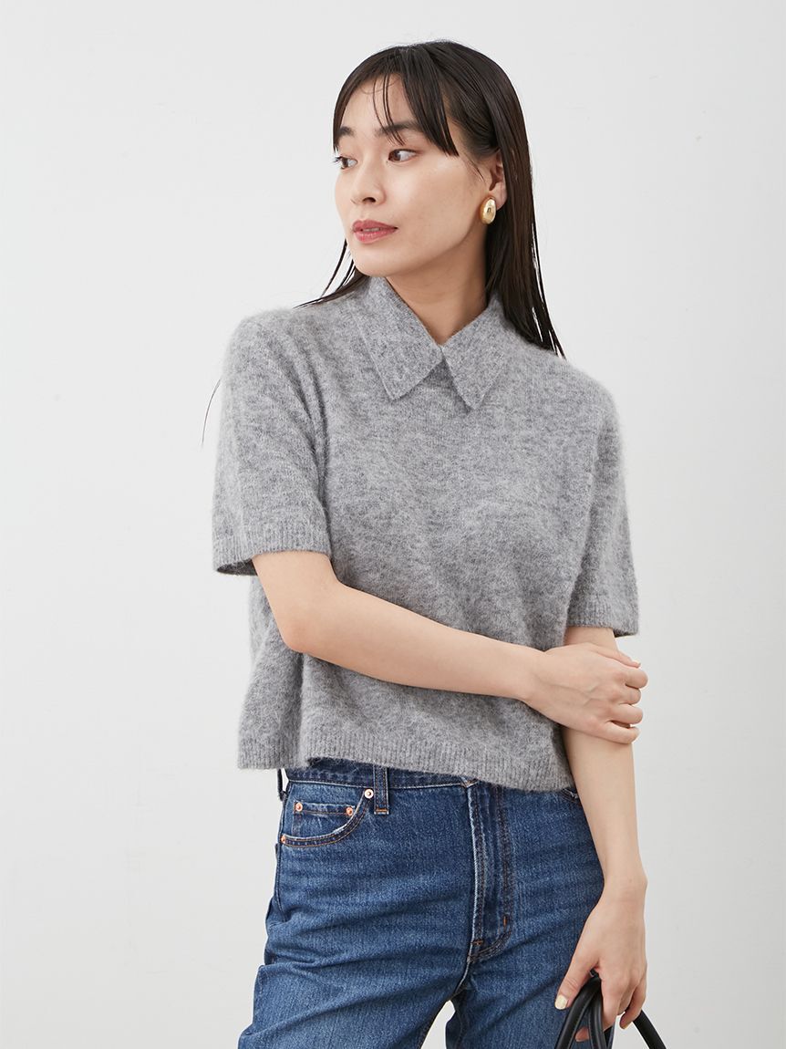 Mila Owen「ポロ衿クロップド丈モヘアニットトップス」|ニット・セーター|