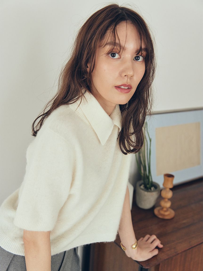 Mila Owen「ポロ衿クロップド丈モヘアニットトップス」|ニット・セーター|