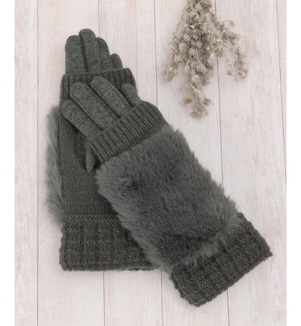 ikka「3WAYエコファー&ニットグローブ」|手袋|ダークグレー