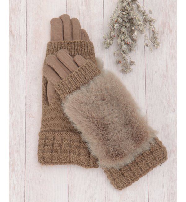 ikka「3WAYエコファー&ニットグローブ」|手袋|ブラウン
