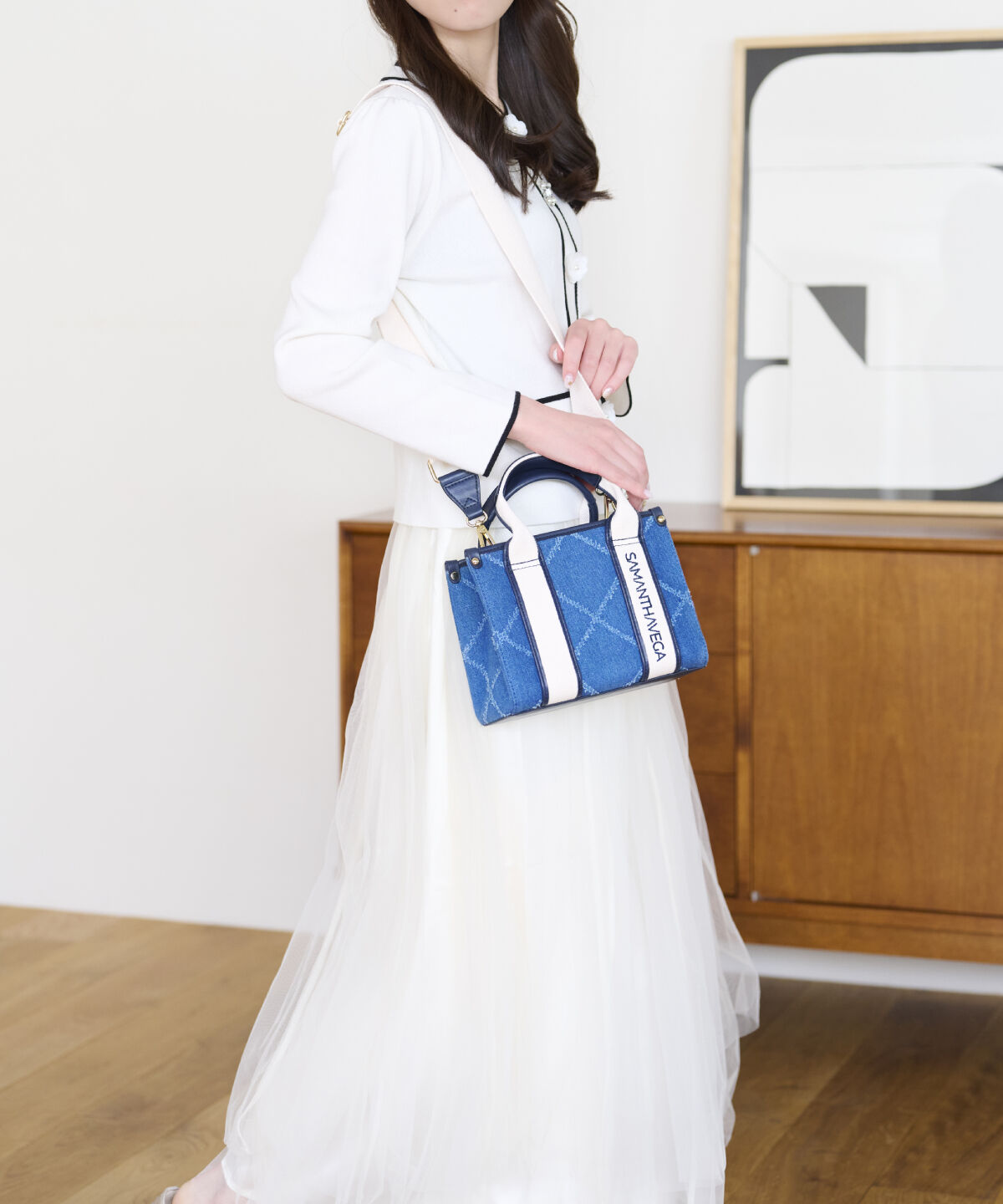 Samantha Vega「ロゴテープデニム風トート（ミニ）」|ショルダー・メッセンジャー|ネイビー