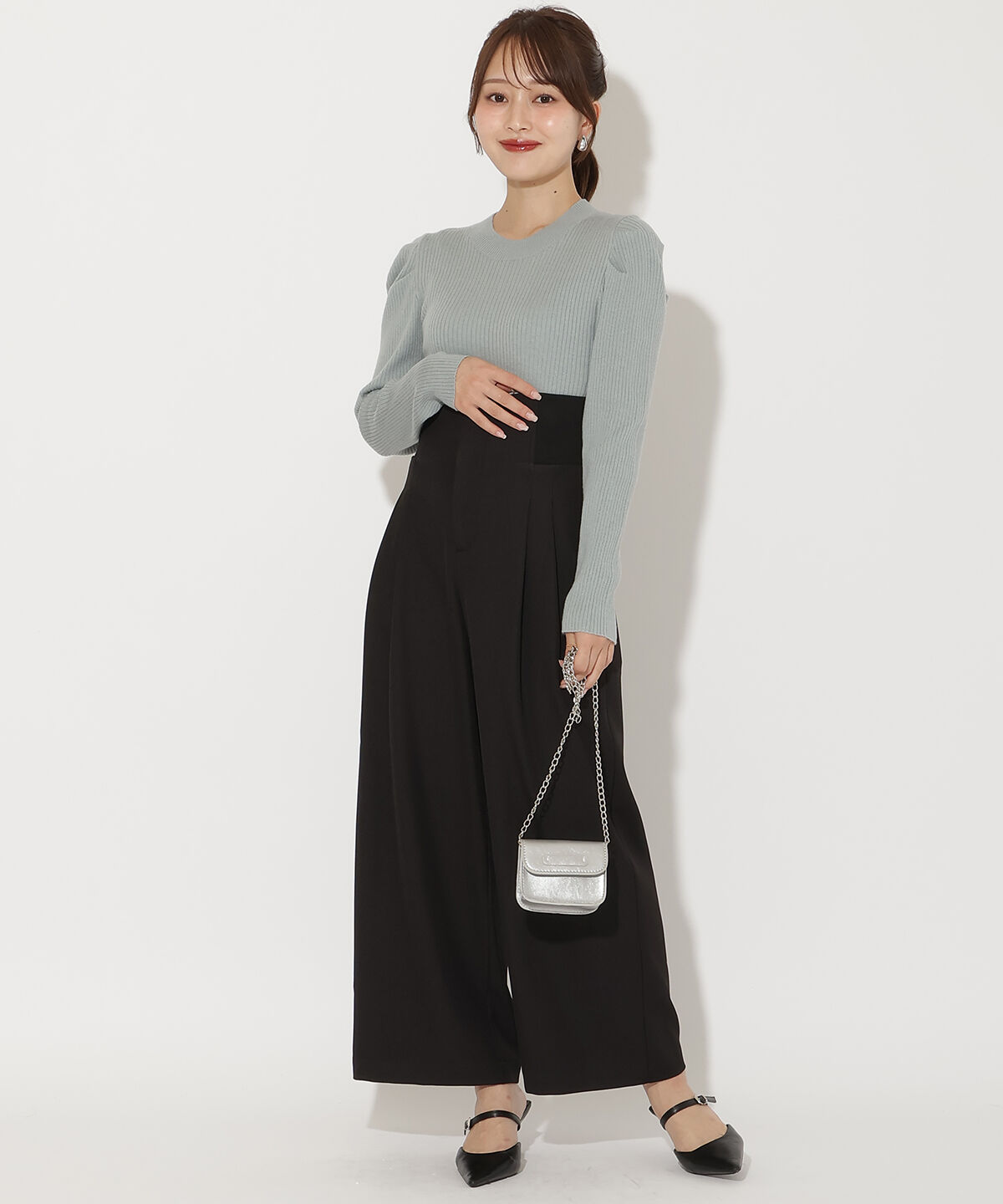 アンドクチュール「肩ギャザーハイネックリブニット」|ニット・セーター|