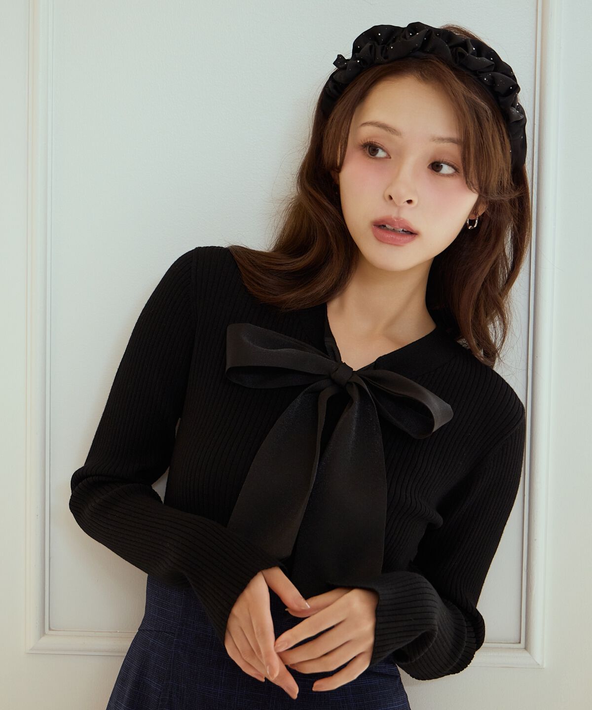 アンドクチュール「リボンボウタイ付きリブプルオーバー」|ニット・セーター|