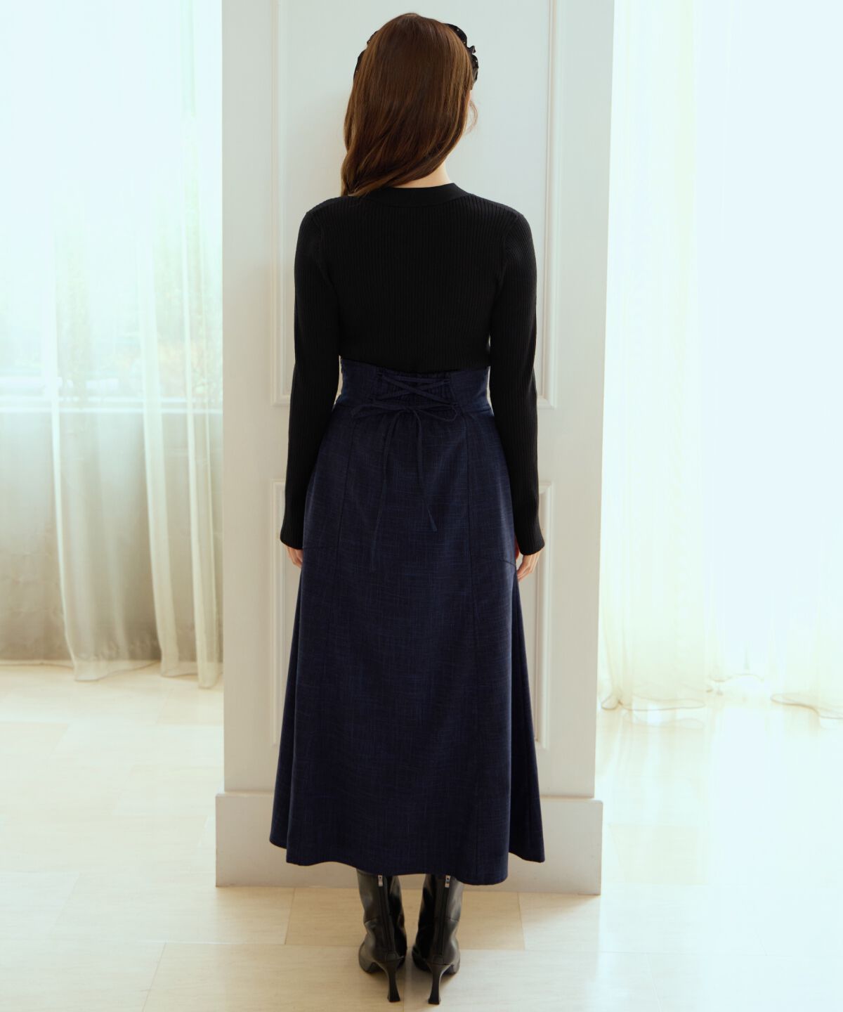 アンドクチュール「リボンボウタイ付きリブプルオーバー」|ニット・セーター|