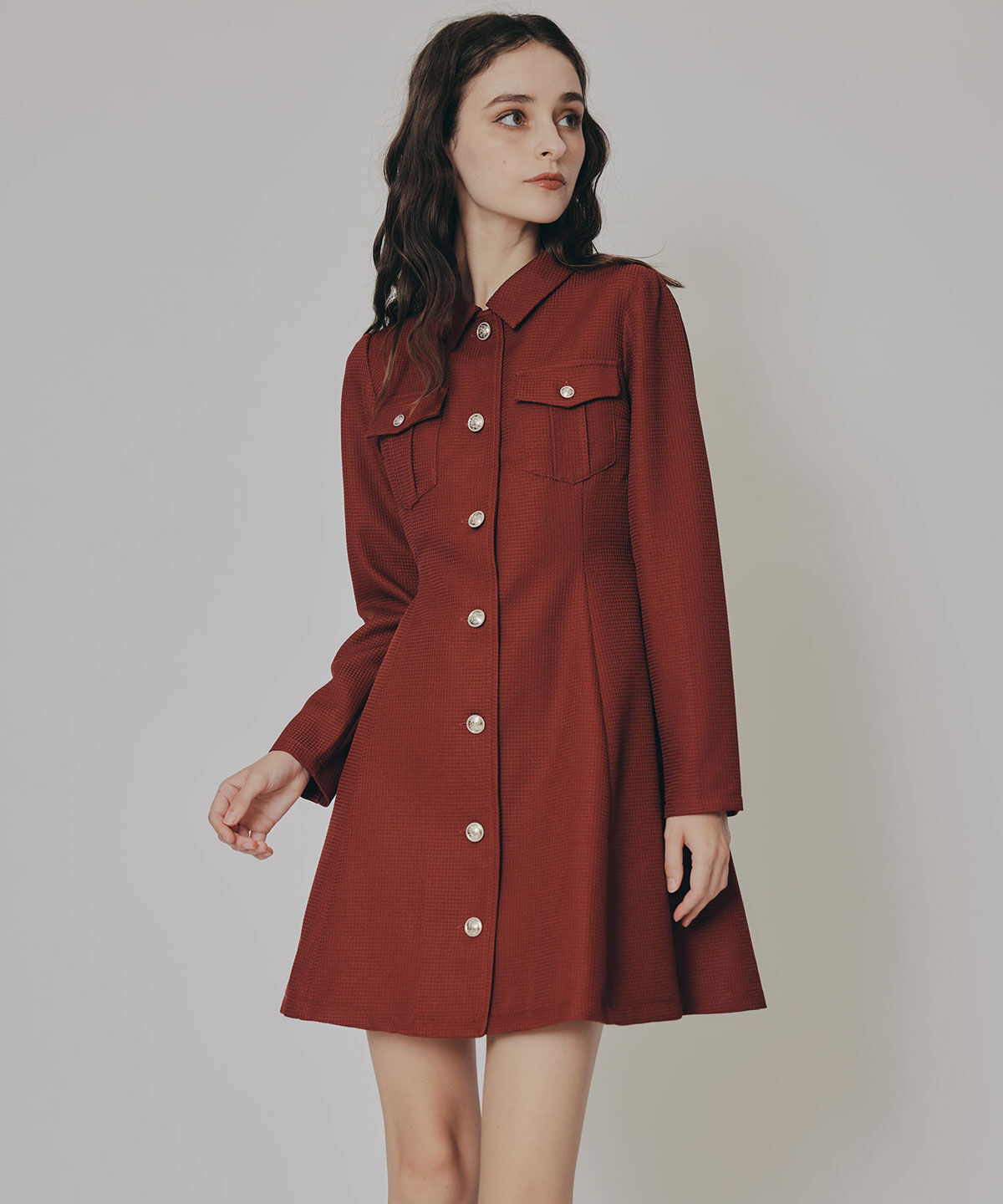 REDYAZEL「エンブレムボタンマイクロワッフルシャツワンピース」|ワンピース|