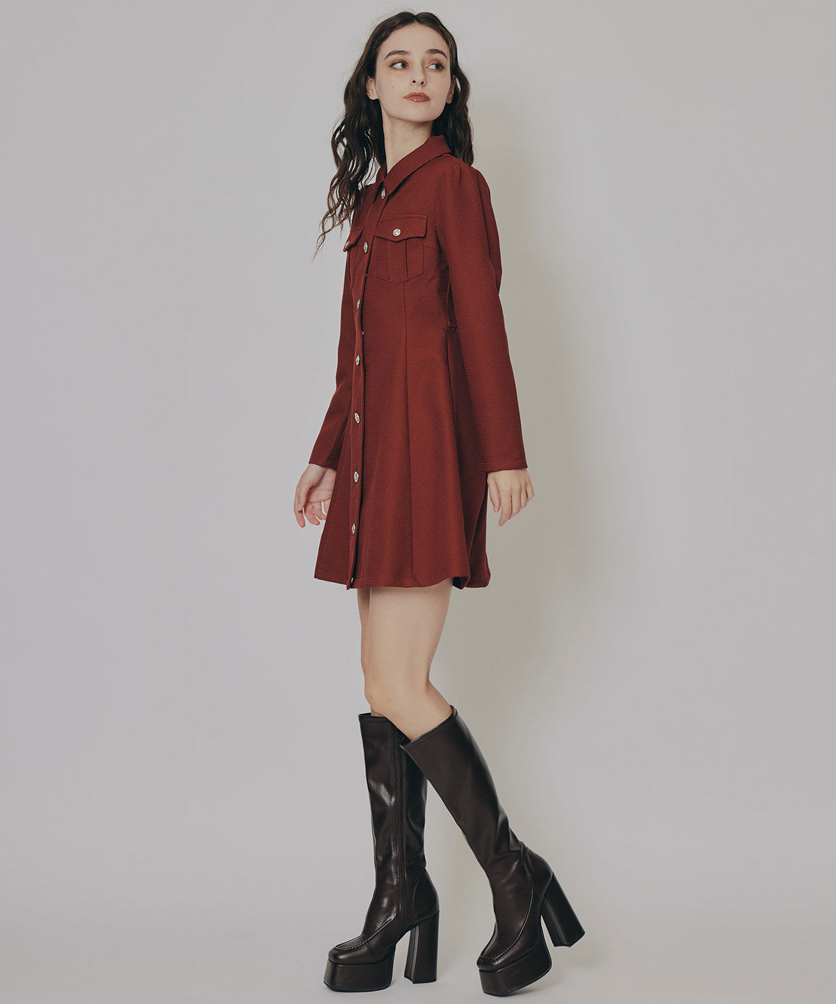 REDYAZEL「エンブレムボタンマイクロワッフルシャツワンピース」|ワンピース|