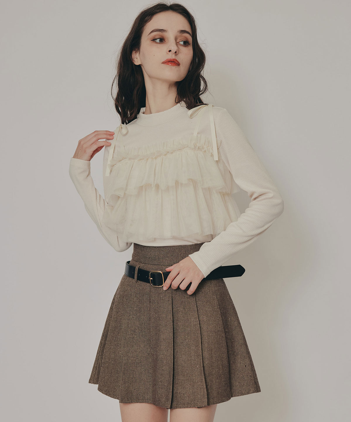 REDYAZEL「リボンチュールフリルビスチェニットトップス」|ニット・セーター|
