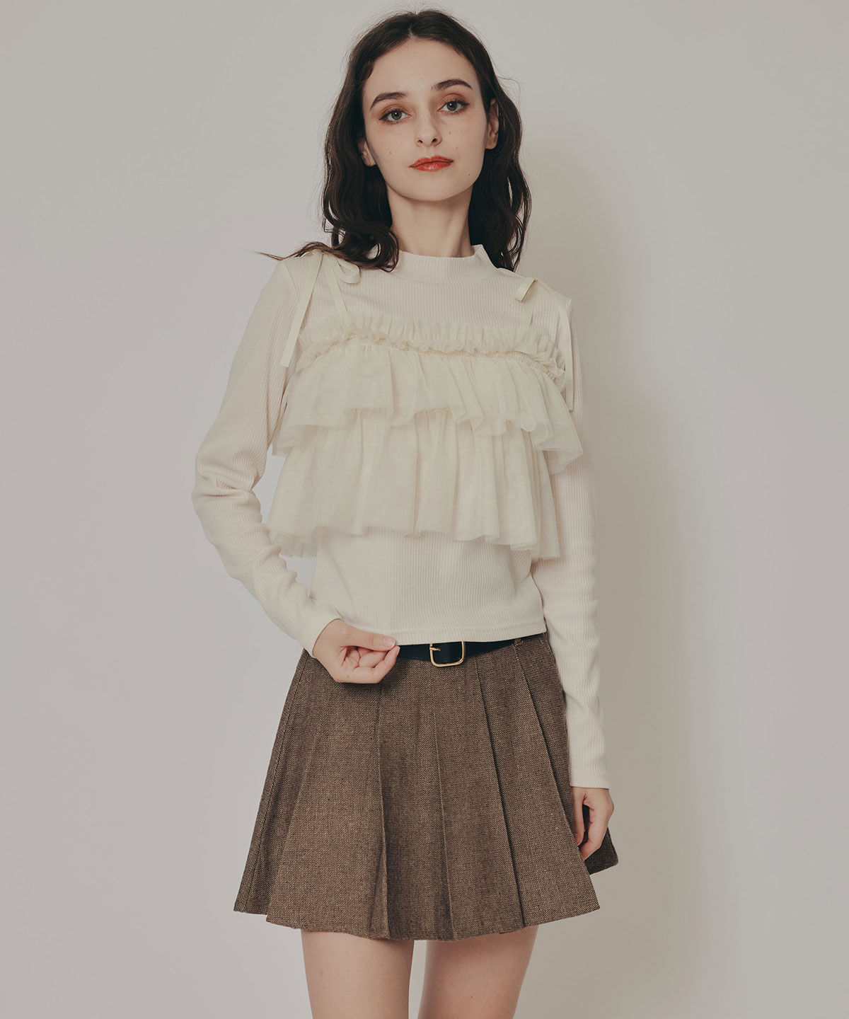 REDYAZEL「リボンチュールフリルビスチェニットトップス」|ニット・セーター|