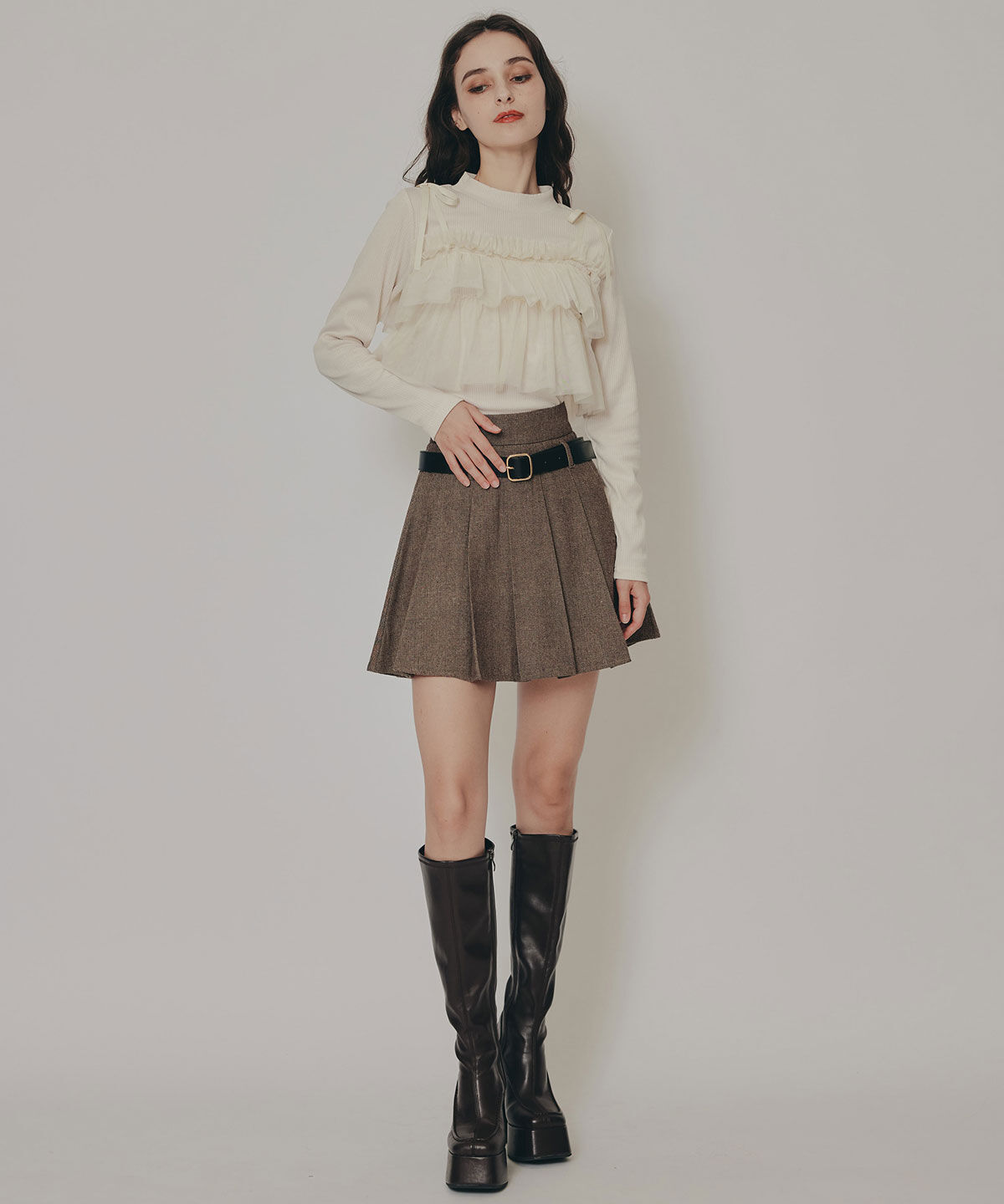 REDYAZEL「リボンチュールフリルビスチェニットトップス」|ニット・セーター|