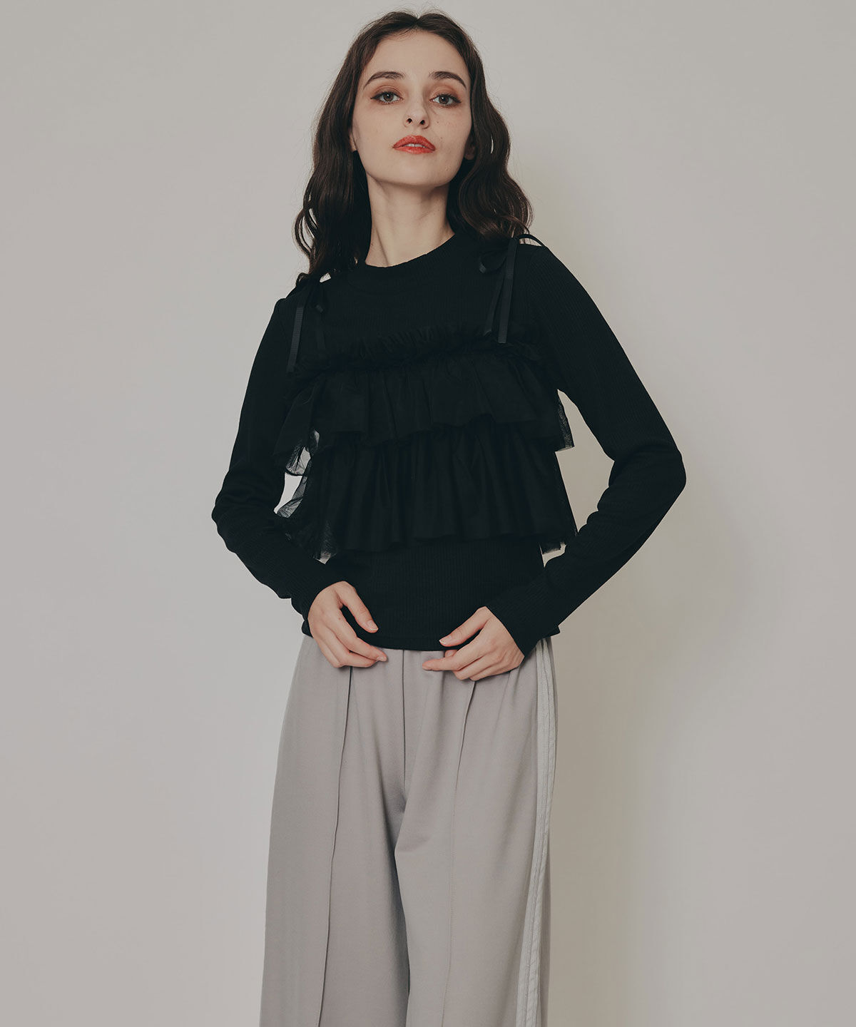 REDYAZEL「リボンチュールフリルビスチェニットトップス」|ニット・セーター|