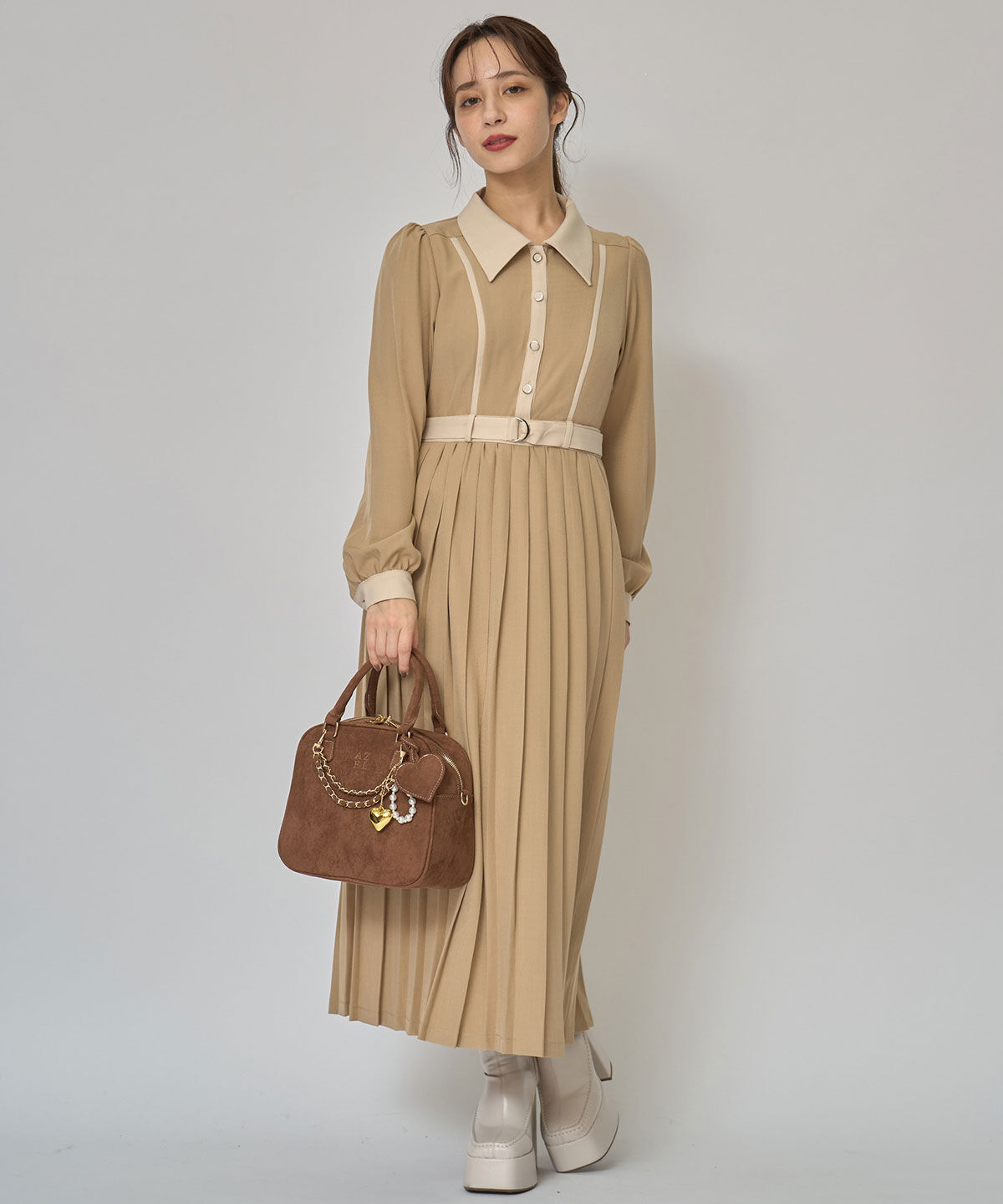 REDYAZEL「クラシカルバイカラーラインリボンタイプリーツロングワンピース」|ワンピース|