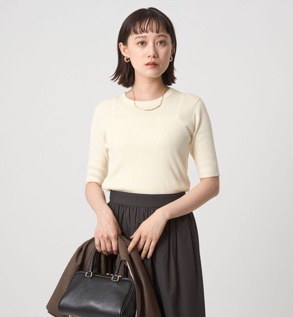 UNITED ARROWS green label relaxing「＜1_OF MINE＞リブ クルーネック 5分袖 ニット プルオーバー」|ニット・セーター|WHITE