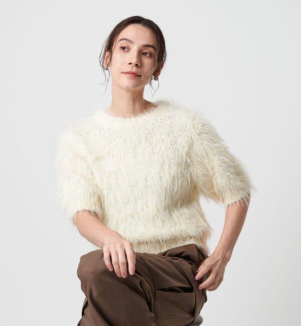 BEAUTY&YOUTH UNITED ARROWS「フェザーヤーン ハーフスリーブ ニットプルオーバー」|ニット・セーター|OFF WHITE