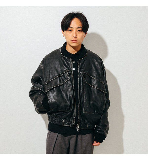 BEAMS「ユーズド加工 レザー ショートブルゾン」|ブルゾン・スタジャン|