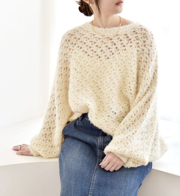 quaranciel「quaranciel:〈手洗い可能〉スパンコール レース編み クルーネック ドルマン ルーズ ニット」|ニット・セーター|