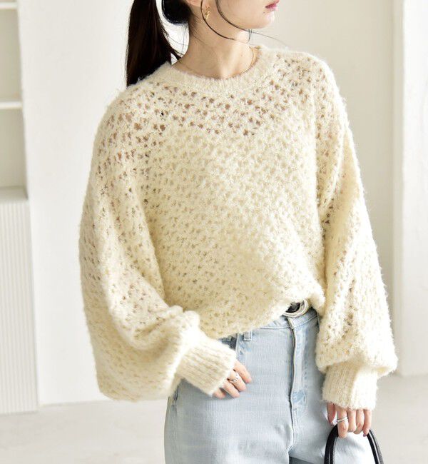 quaranciel「quaranciel:〈手洗い可能〉スパンコール レース編み クルーネック ドルマン ルーズ ニット」|ニット・セーター|