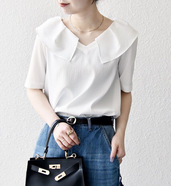 SHIPS any「《一部追加予約》【WEB限定】SHIPS any:〈洗濯機可能〉ラフ サテン フリルカラー ブラウス 26SS」|シャツ・ブラウス|