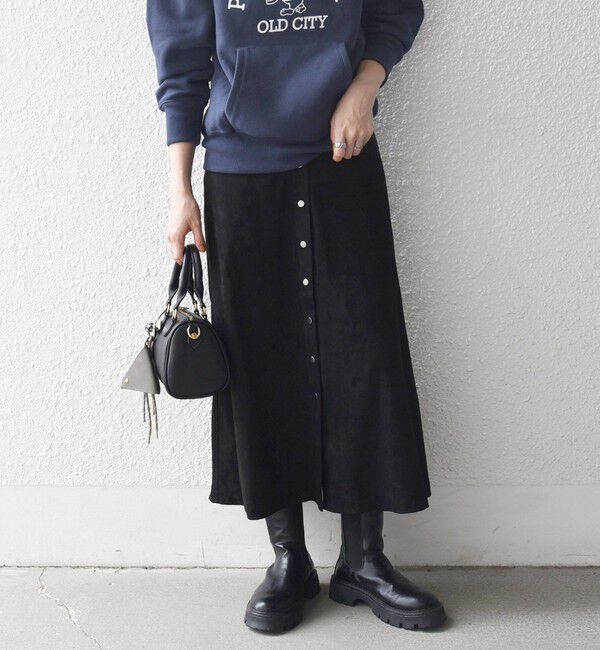 SHIPS any「SHIPS any: ポリエステル スエード フロント ボタン Aライン スカート」|スカート|ブラック