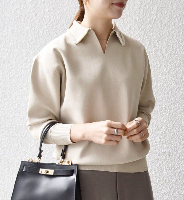 SHIPS any「SHIPS any:〈手洗い可能〉パール モチーフ 襟付き スキッパー ニット プルオーバー」|ニット・セーター|