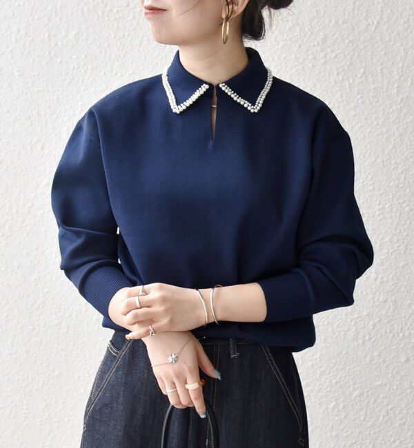 SHIPS any「SHIPS any:〈手洗い可能〉パール モチーフ 襟付き スキッパー ニット プルオーバー」|ニット・セーター|