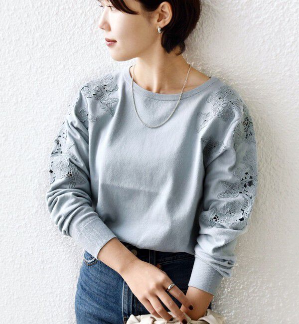 SHIPS for women「【WEB限定】〈手洗い可能〉ショルダー レース コンビ ニット プルオーバー」|ニット・セーター|ライトブルー