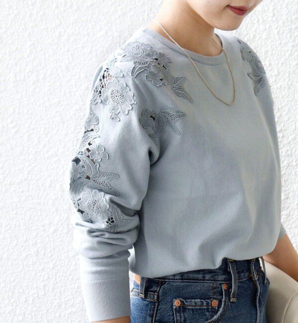 SHIPS for women「【WEB限定】〈手洗い可能〉ショルダー レース コンビ ニット プルオーバー」|ニット・セーター|