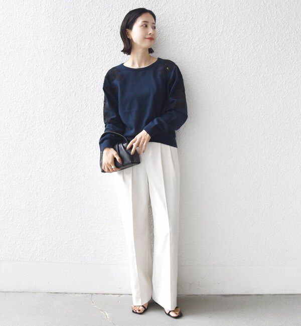 SHIPS for women「【WEB限定】〈手洗い可能〉ショルダー レース コンビ ニット プルオーバー」|ニット・セーター|