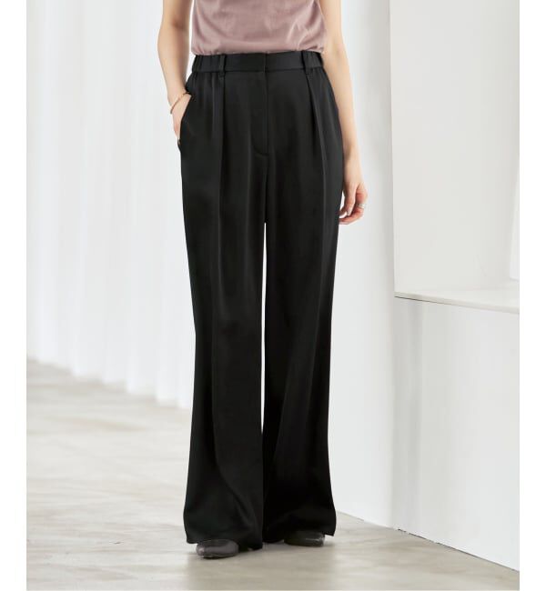 NOBLE「《新色》ルナサテンナローフレアタックパンツ」|スラックス|ブラック