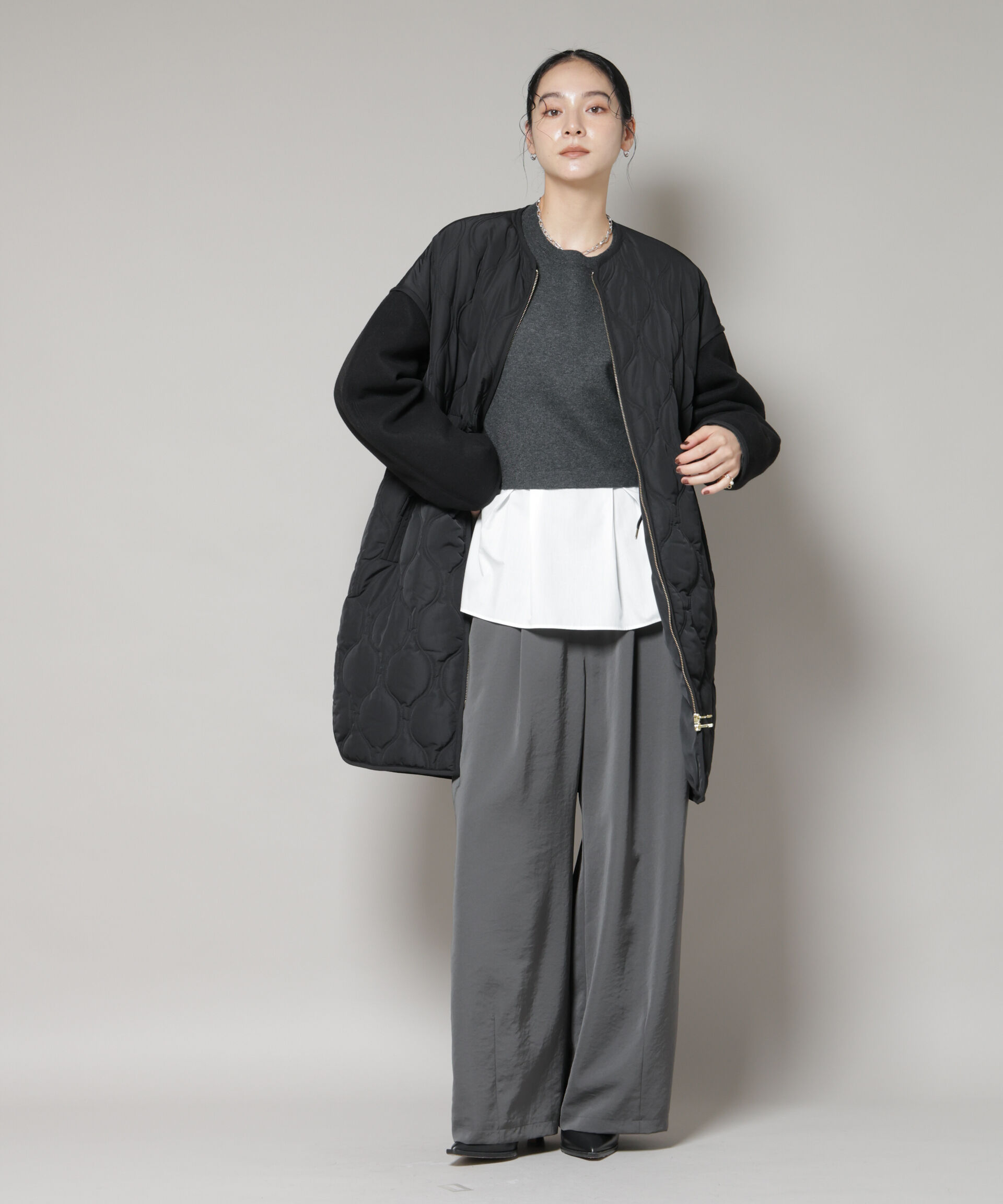 nano･universe「異素材コンビキルティングノーカラーコート」|その他|