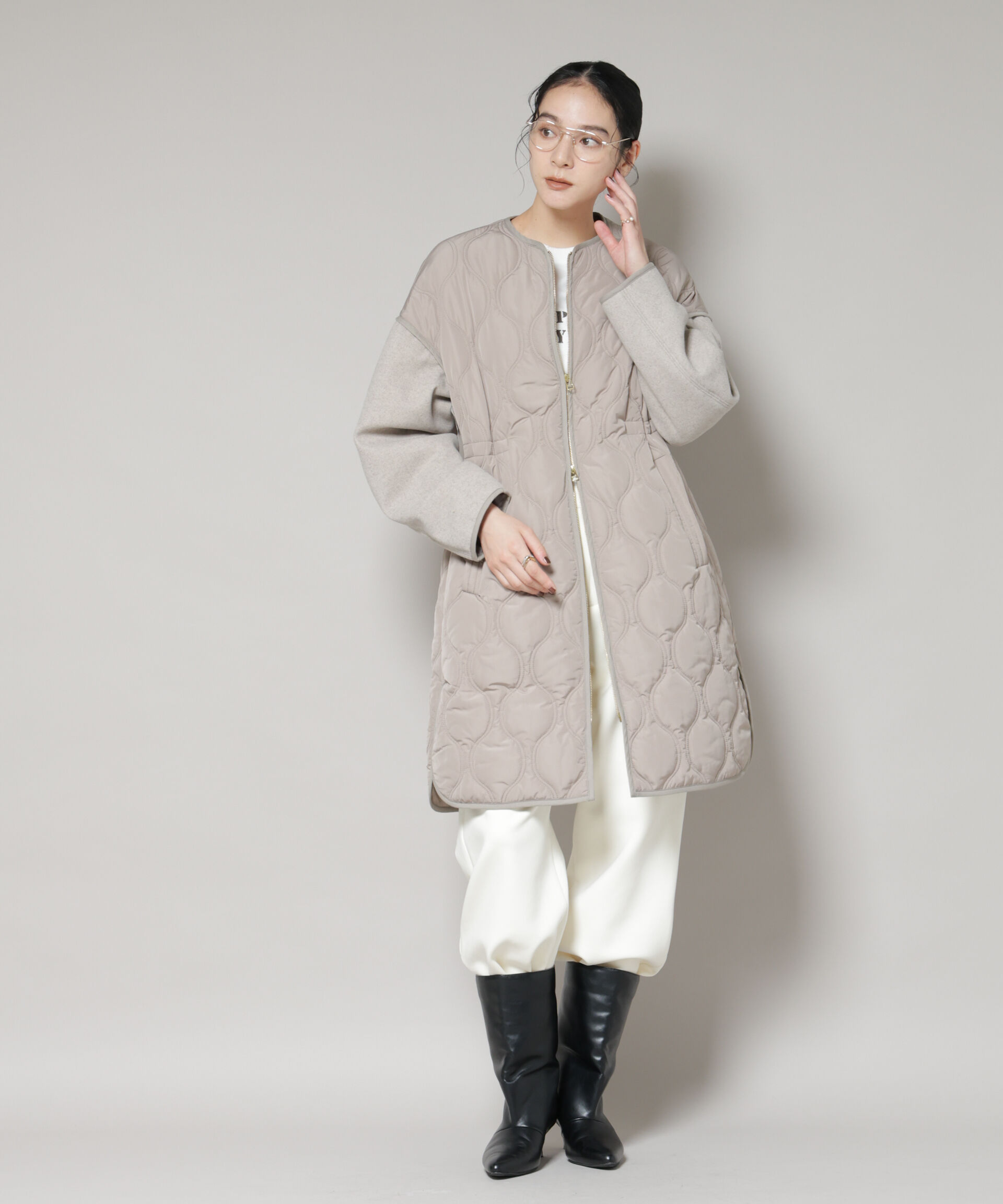 nano･universe「異素材コンビキルティングノーカラーコート」|その他|