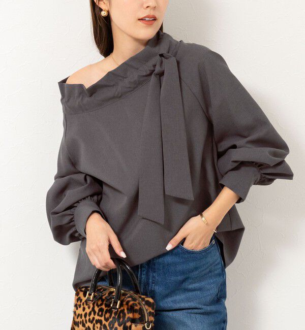 NOLLEY'S「ウォッシャブル衿ギャザーリボンブラウス」|シャツ・ブラウス|チャコールグレー