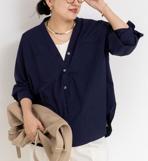NOLLEY'S sophi「ウォッシャブルタイプライターVネック2WAYシャツ」|シャツ・ブラウス|ネイビー