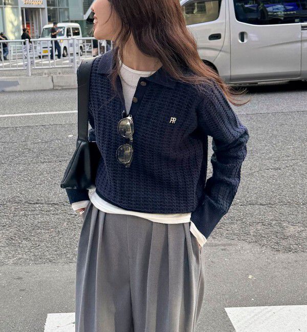 fredy emue「FR刺繍ケーブル柄ポロ衿ニットプルオーバー」|ニット・セーター|ネイビー