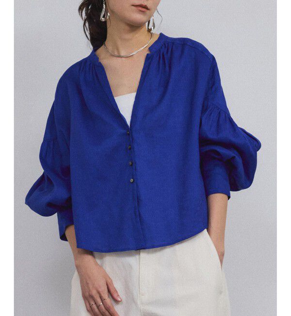SALON adam et rope'「リネンスキッパーギャザーブラウス［GENTLE LINEN］」|シャツ・ブラウス|ブルー(44)