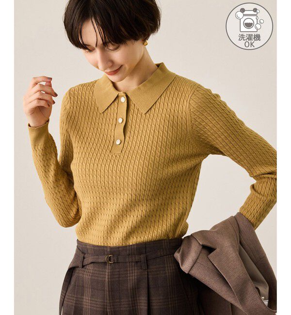 Rope&rsquo;Picnic「ポロカラーミニケーブルニット/イージーケア」|ニット・セーター|カラシ(86)