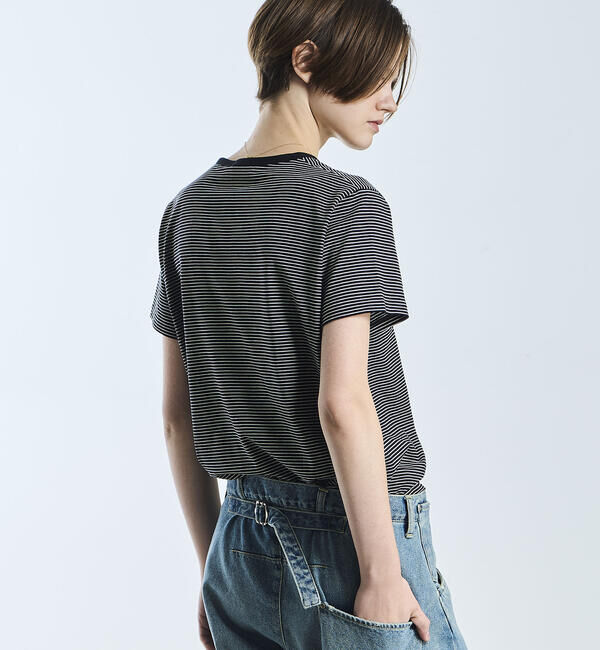 handvaerk「handvaerk | 60/2 クルーネック半袖Tシャツ STRIPE WOMEN」|Tシャツ・カットソー|BLACK系1